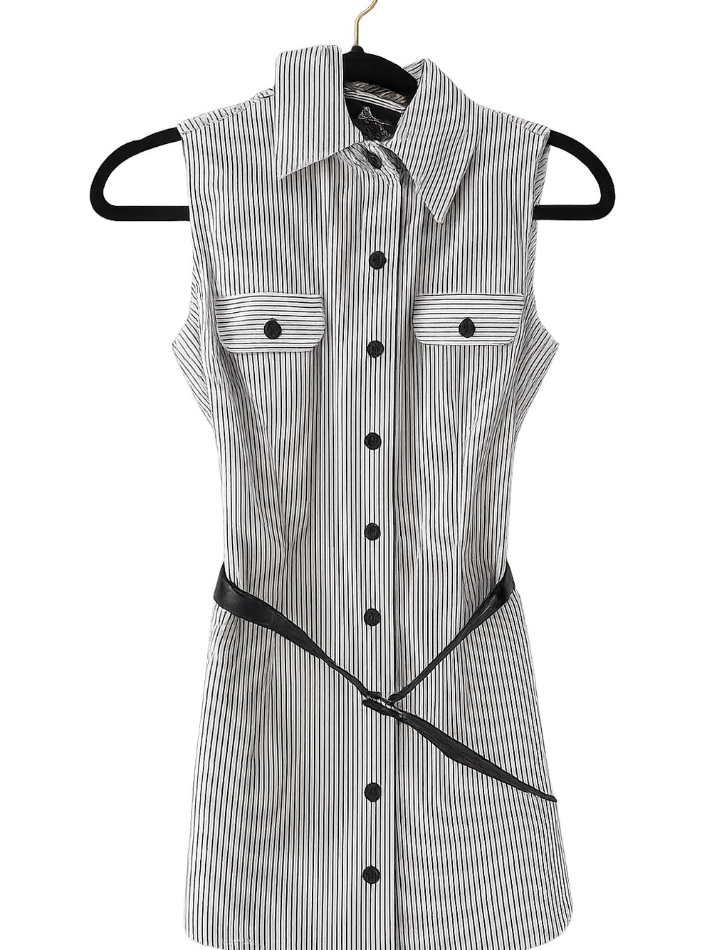 Byer California Black & White Pinstripe Sleeveless Shirt with Belt